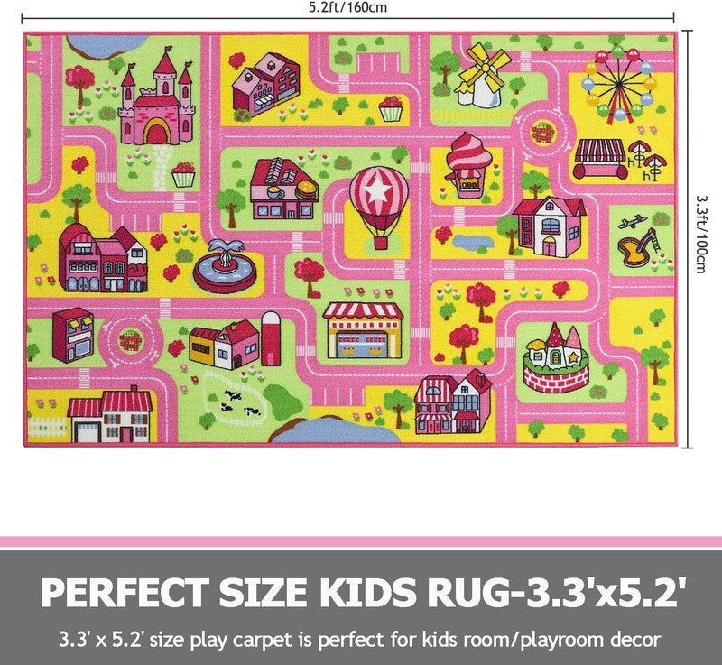 Capslpad Kid Rug for Playroom Pink Play Rug Traffic Road Car Play Mat 5.2x3.3 ft Educational Learning Area Rug Washable Kids Carpet for Children Girls Bedroom,Playroom,Nursery Room Decor - Image 2